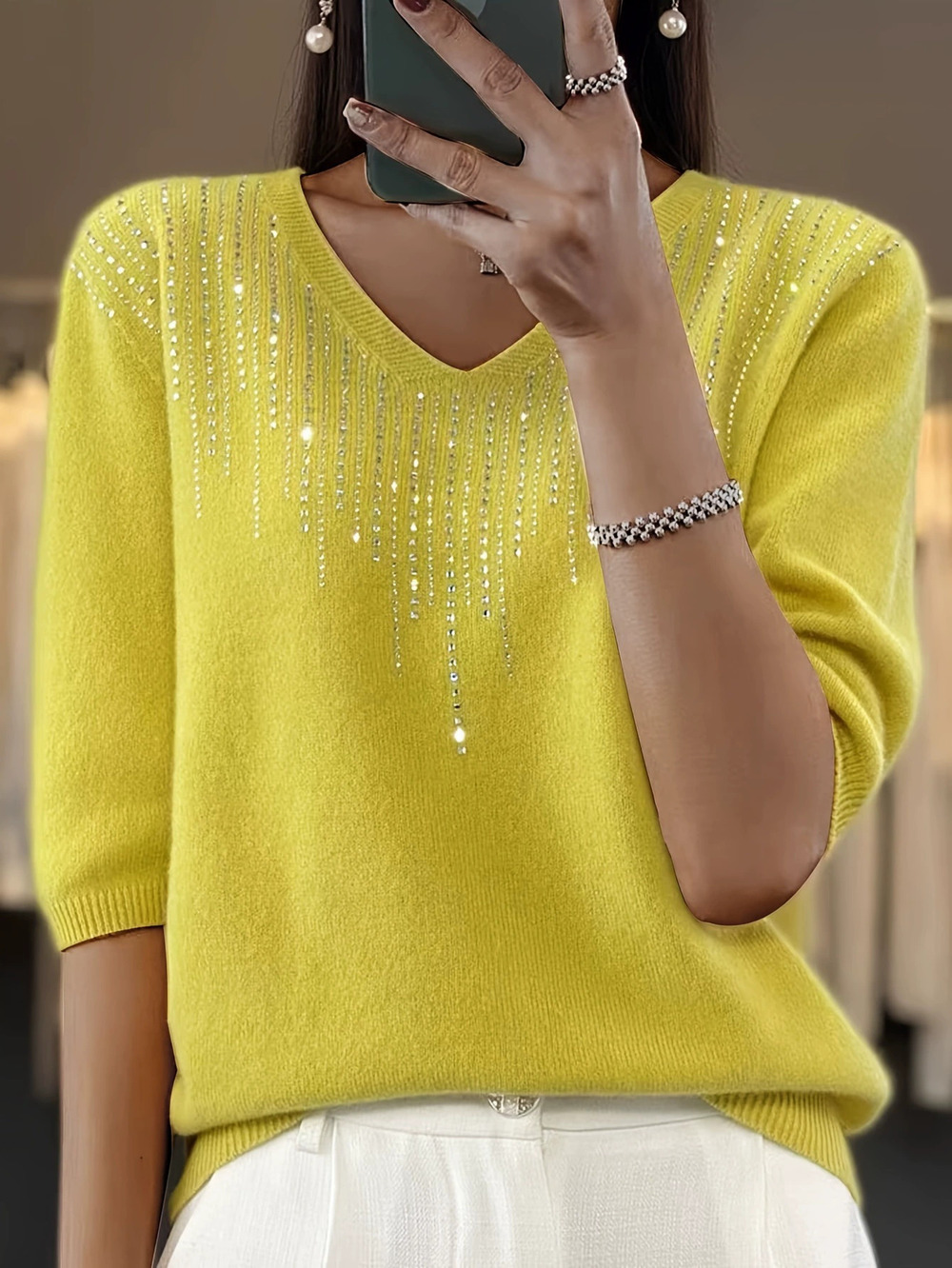 ZARA Womens Spring Autumn Elegant Knit Short Sleeve Collared Rhinestone Top